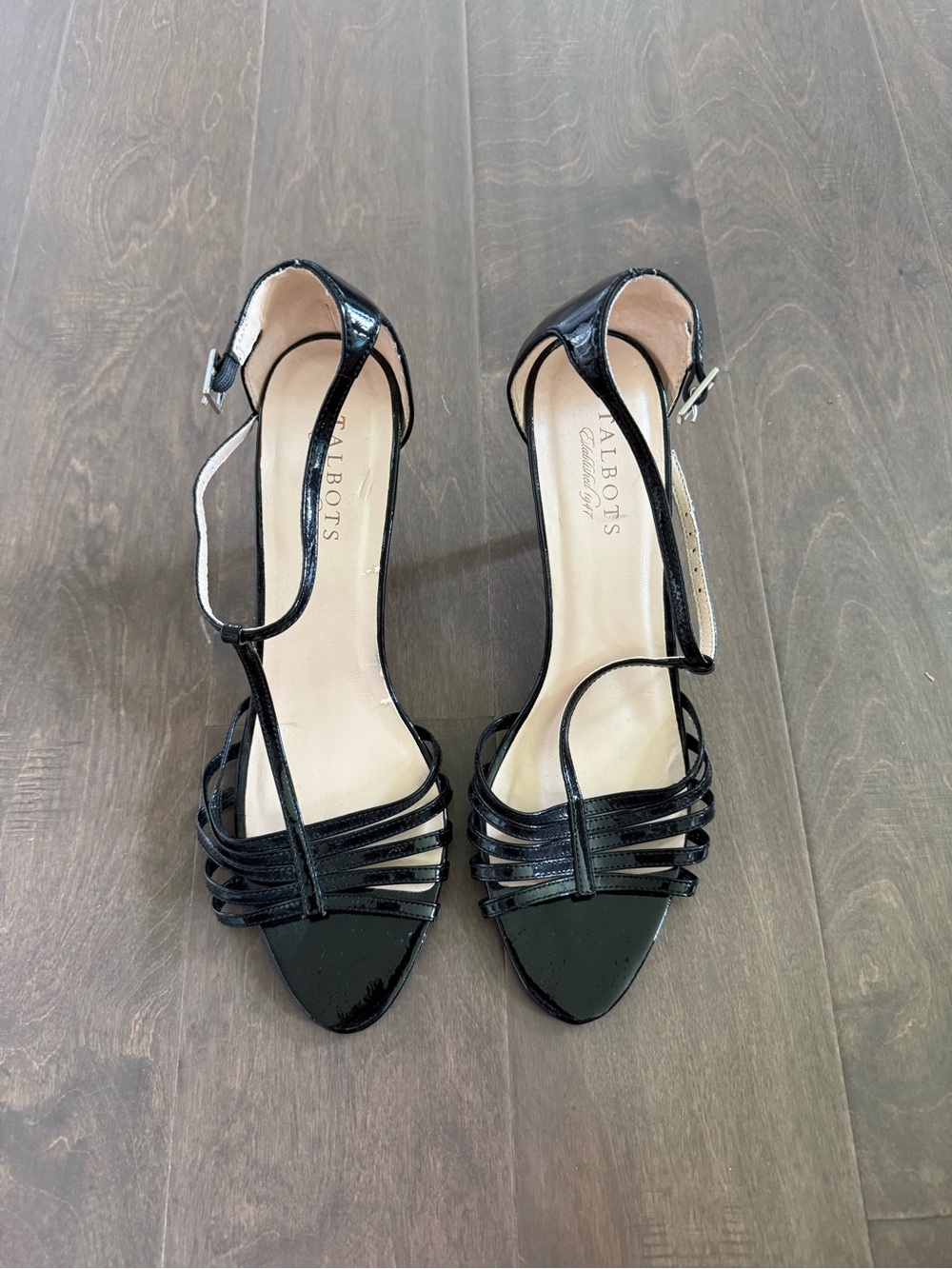 Talbots Black Patent Strappy Ankle-Heel Sandals T Strap Size 10